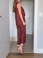 Brown Sleeveless Top High Waist Wide Leg Pants Set