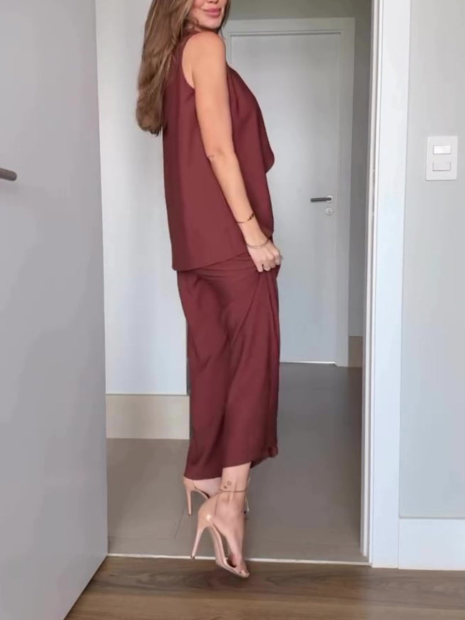 Brown Sleeveless Top High Waist Wide Leg Pants Set