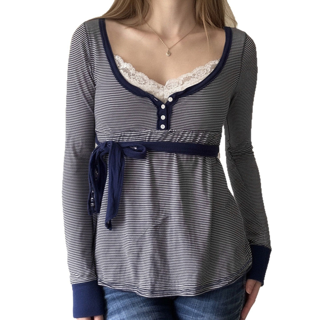 Lace-trimmed Faux Two-piece Striped High-waist Long-sleeve Versatile Top