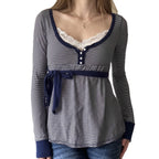Lace-trimmed Faux Two-piece Striped High-waist Long-sleeve Versatile Top