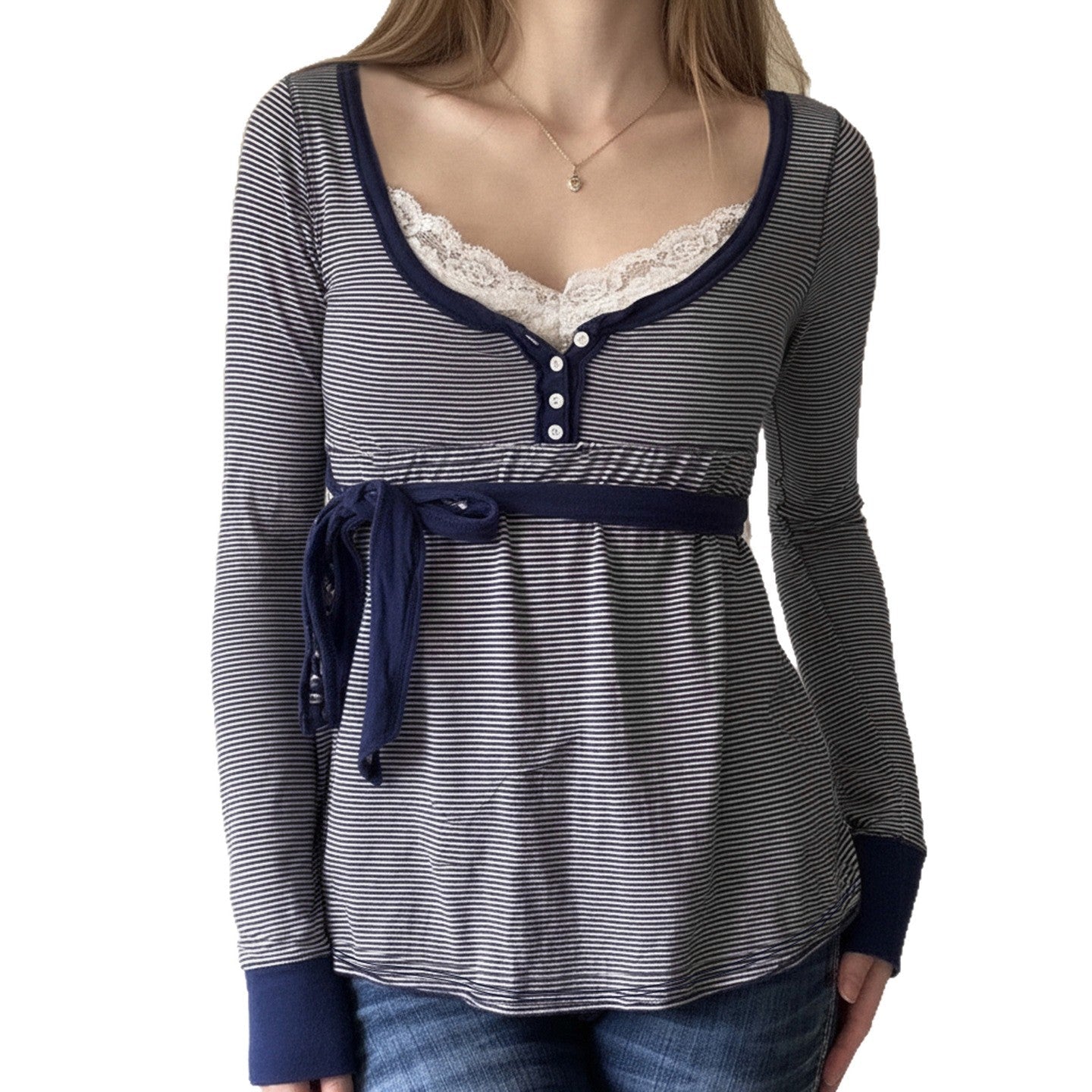 Lace-trimmed Faux Two-piece Striped High-waist Long-sleeve Versatile Top