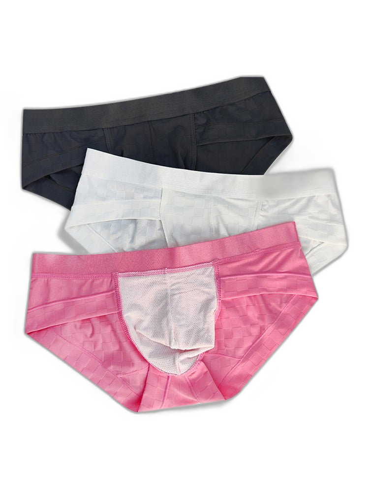 3 Pack Men's Cooling Silktech Briefs - U-Pouch Design & Checkered Antibacterial Lining