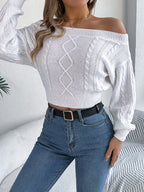 Women Casual Solid Color Off-Shoulder V-Neck Long Sleeve Pullover Sweater