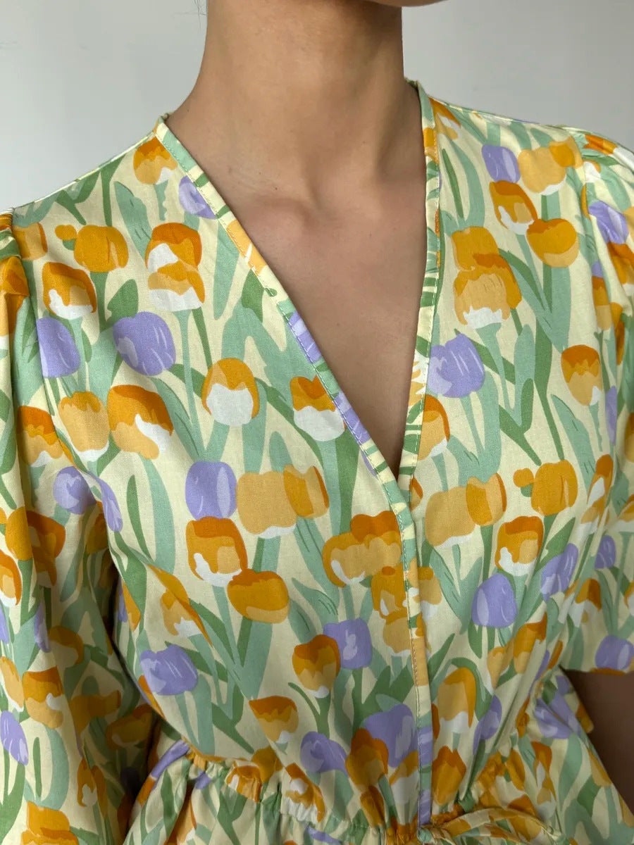 Drawstring Laced Puffed Sleeve V Neck Women's Blouse