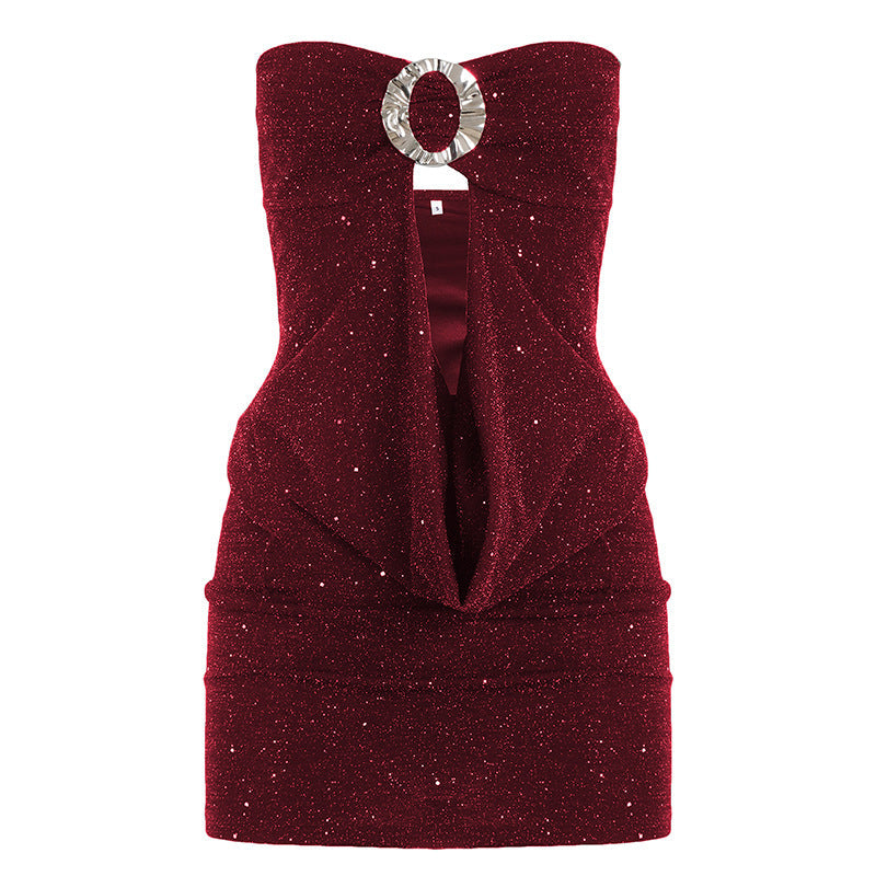 Sexy Sequined Tube Top Hollow-out Pleated Elegant Dress