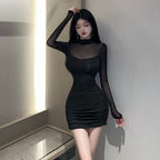 Mesh-panelled Long-sleeve Short Skirt Bodycon Sheath Dress For Women