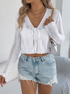 Women Casual Tie Hollow Out Long Sleeve Knit Cardigan Sweater