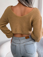 Women Long Sleeve Tie-Front Cropped Knit Sweater