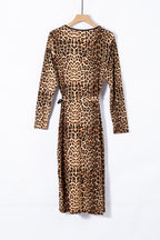 Brown Leopard Wrap V Neck Plus size Dress with A Slit