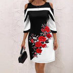 Women's Casual Fashionable Rose-Print Contrast-Color Slim-Fit Dress