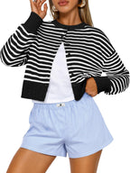 Buttoned Long-sleeve Crew-neck Solid-color Cropped Knit Sweater