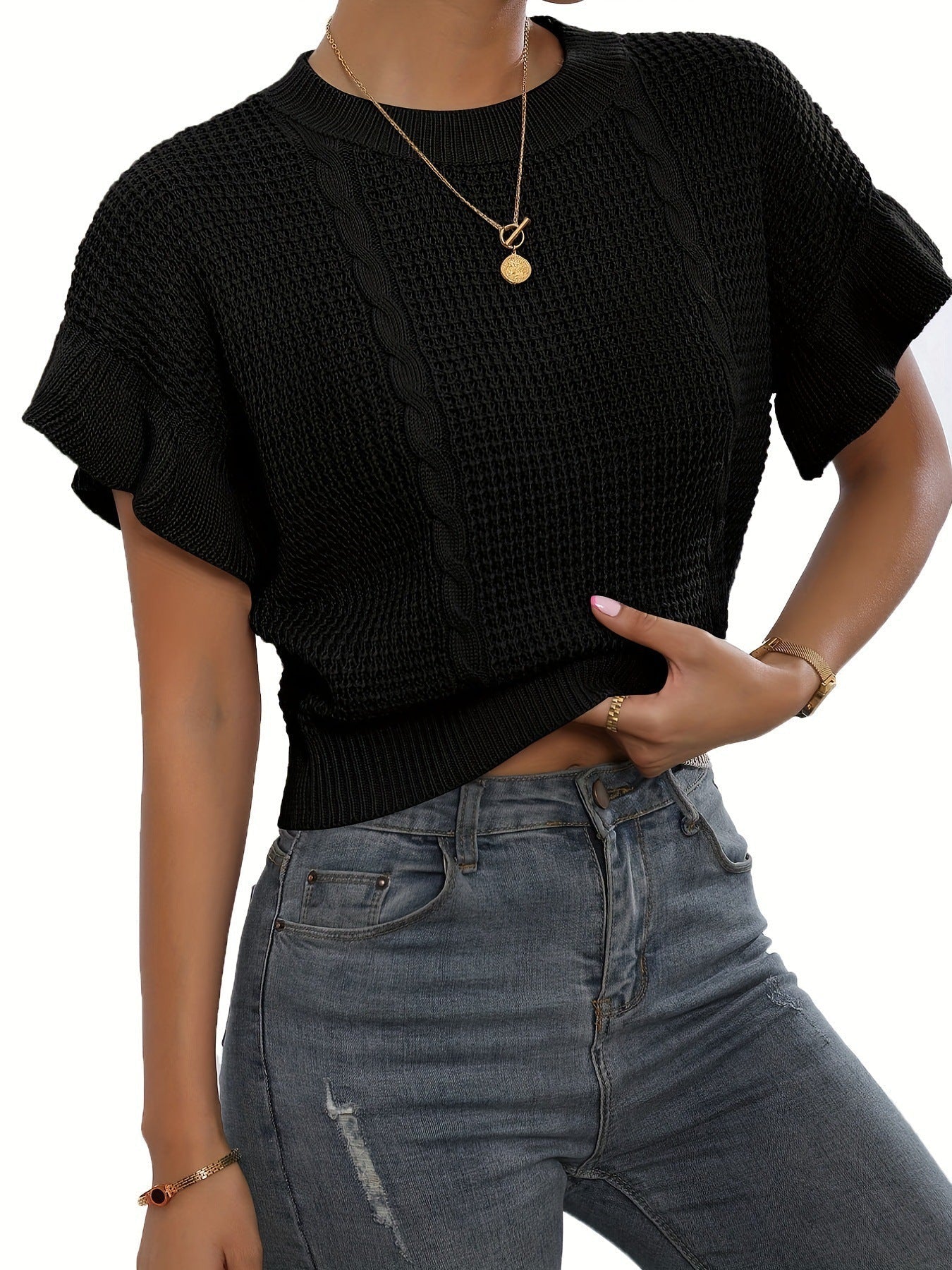 Twisted String Ruffled Short Sleeves Round Neck Knitted Pullover Knitted Sweater