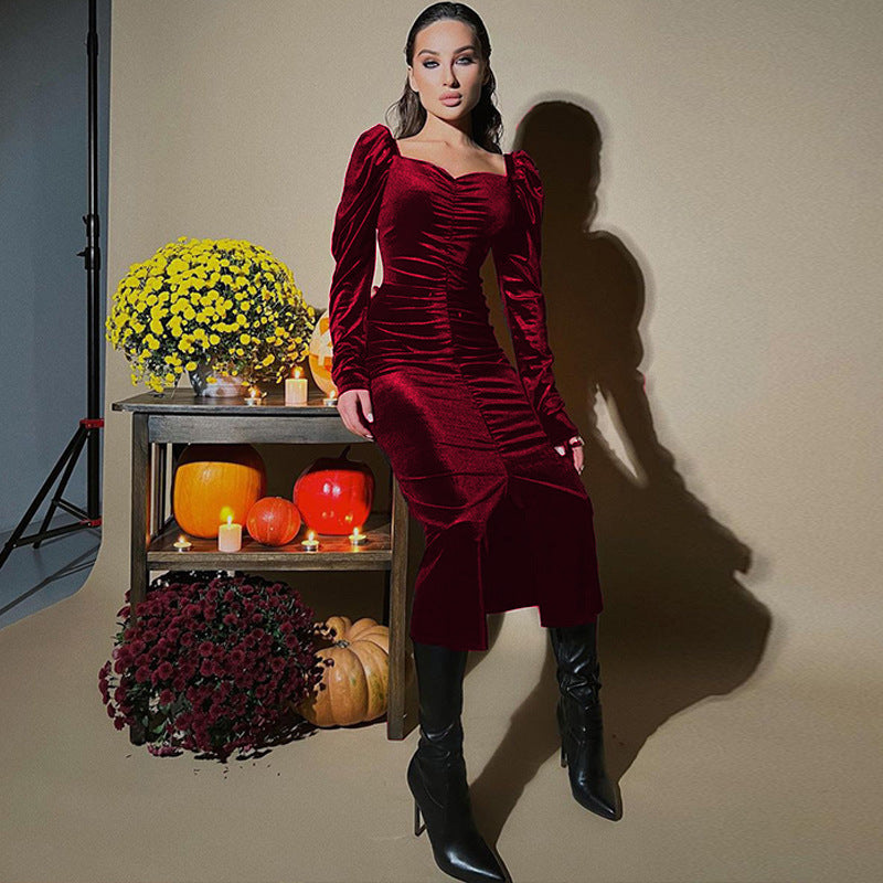 Women's Pleated Slim Fit Slit Long-sleeved Dress