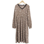 Spring And Summer New Lace V-neck Leopard Print Long-sleeved Mid-length Waist Dress Women