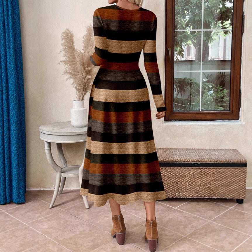 Women's Casual Crew-Neck Colorblock Striped Maxi Dress