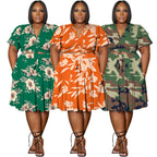 Women's Ruffle-sleeve Lace-up Short Skirt With Pockets And V-neck Plus-size Skirt Set