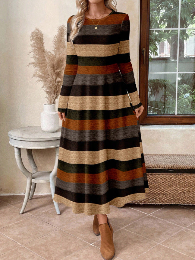 Women's Casual Crew-Neck Colorblock Striped Maxi Dress