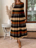 Women's Casual Crew-Neck Colorblock Striped Maxi Dress