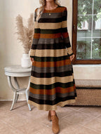 Women's Casual Crew-Neck Colorblock Striped Maxi Dress