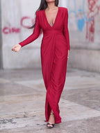 V-neck Long-sleeved Solid Color Maxi Dress