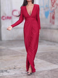 V-neck Long-sleeved Solid Color Maxi Dress