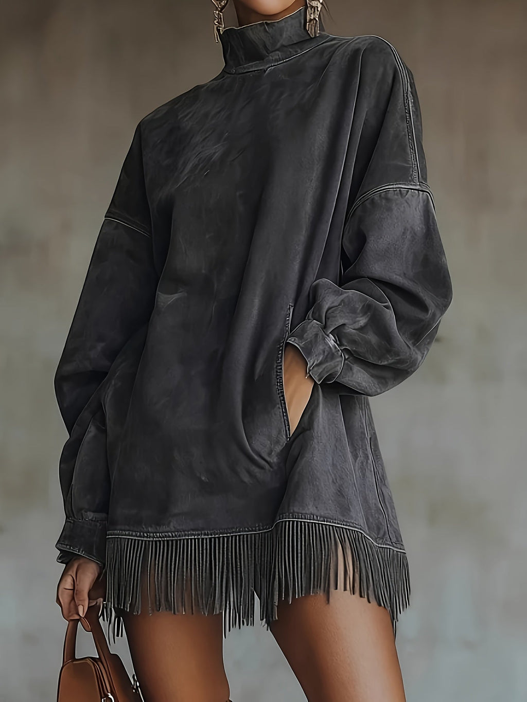 Loose Pocket Tassel Long-Sleeve Suede Dress