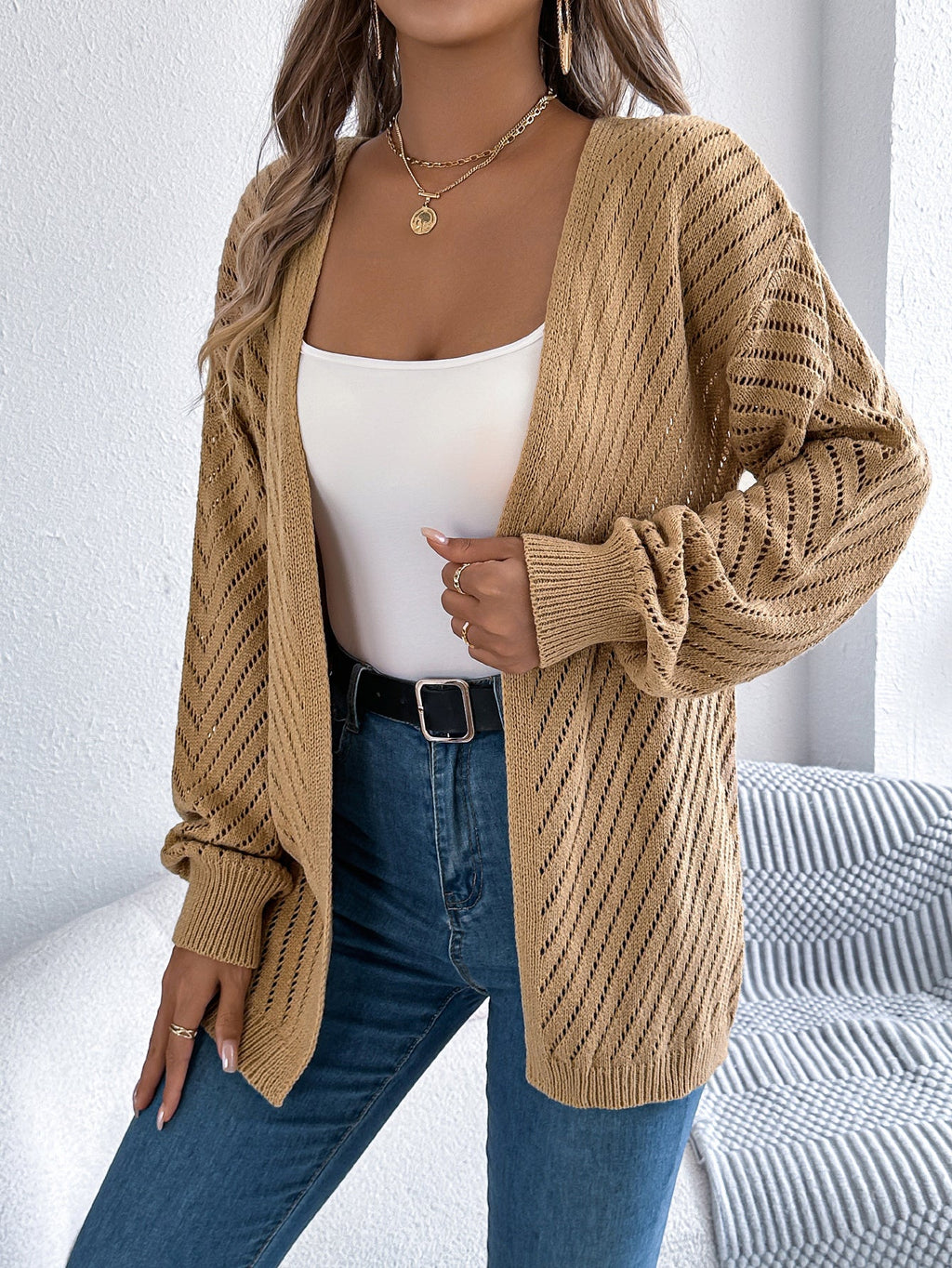 Women Casual Solid Color Hollow Out Long Sleeve Cardigan Sweater