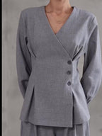 Light Gray V-Neck Asymmetrical Button Top & Wide-Leg Pants Set