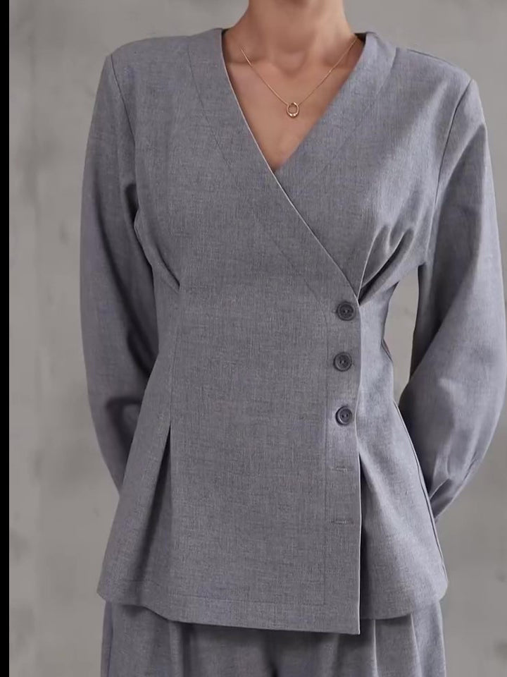 Light Gray V-Neck Asymmetrical Button Top & Wide-Leg Pants Set