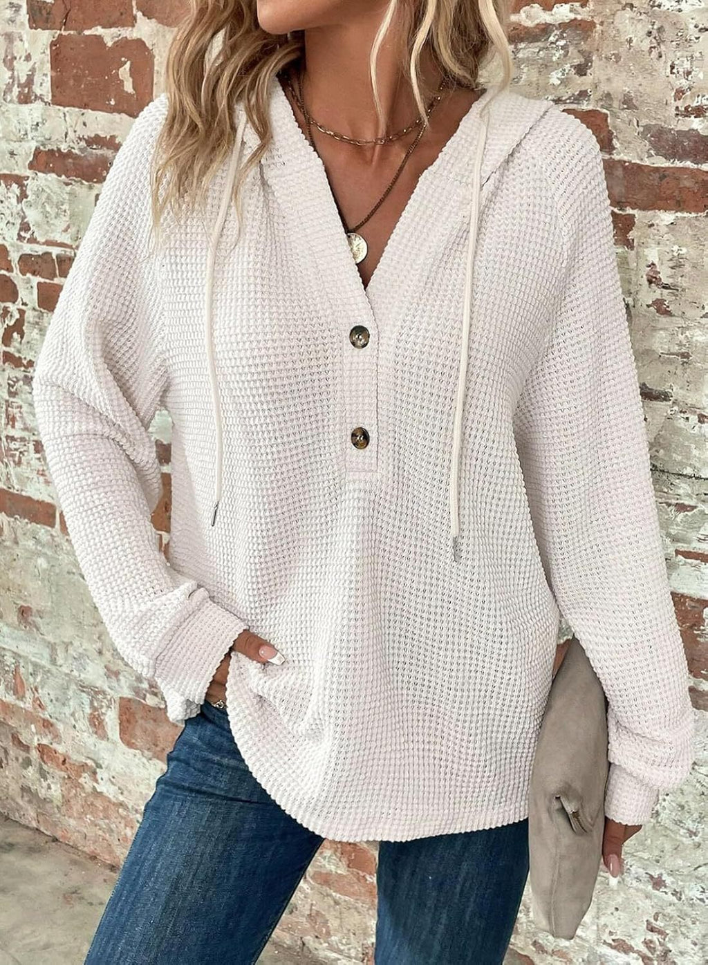 Waffle Hooded Sweater Sweatshirt Fashion Casual Long-sleeved Drawstring V-neck Buttons Top Women's Clothing