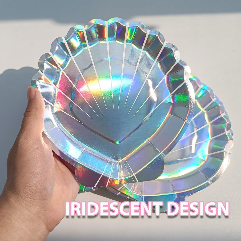 EaciTown 20 Pcs Mermaid Party Plates – Iridescent Shell Paper Plates for Mermaid-Themed Parties