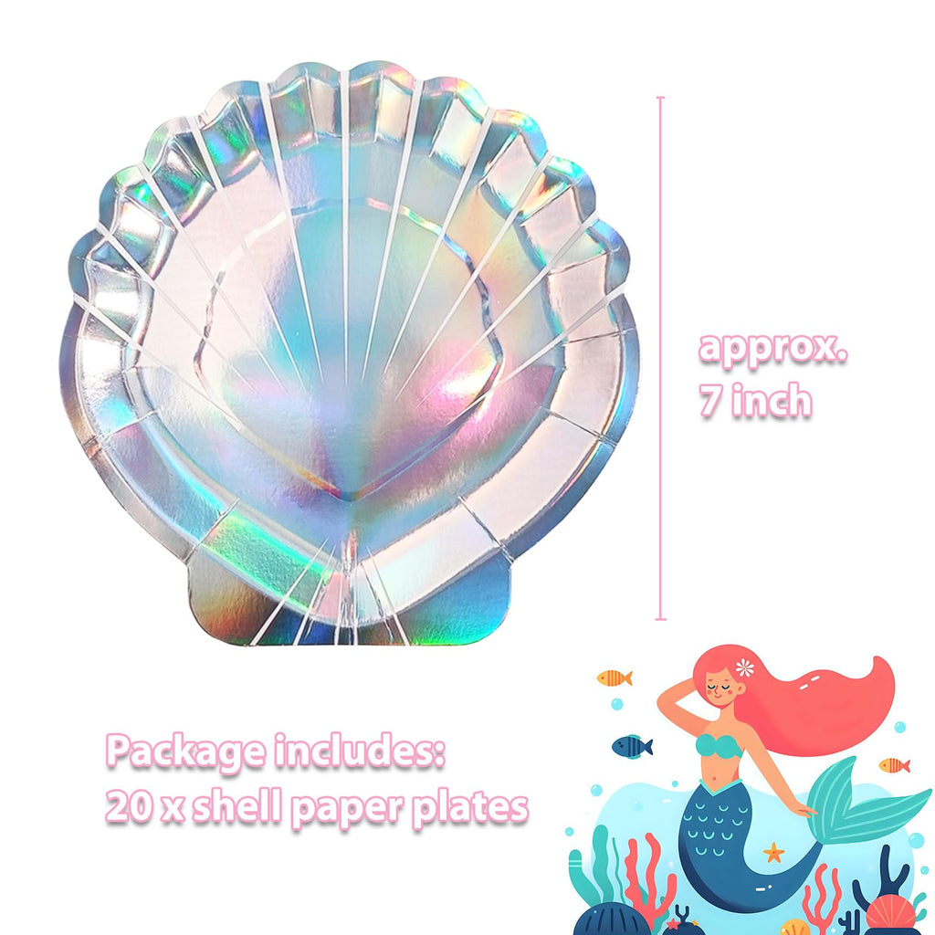 EaciTown 20 Pcs Mermaid Party Plates – Iridescent Shell Paper Plates for Mermaid-Themed Parties
