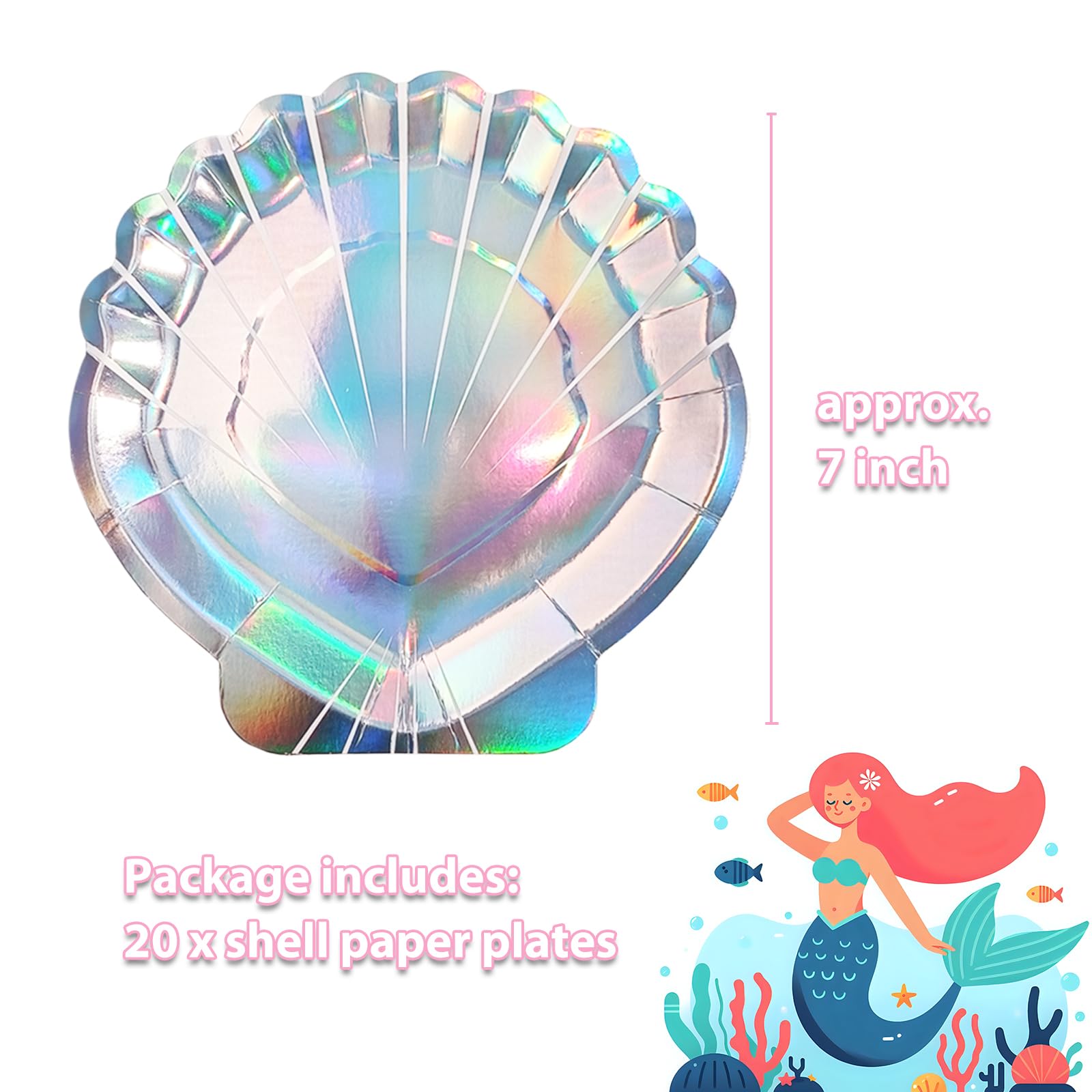 EaciTown 20 Pcs Mermaid Party Plates – Iridescent Shell Paper Plates for Mermaid-Themed Parties