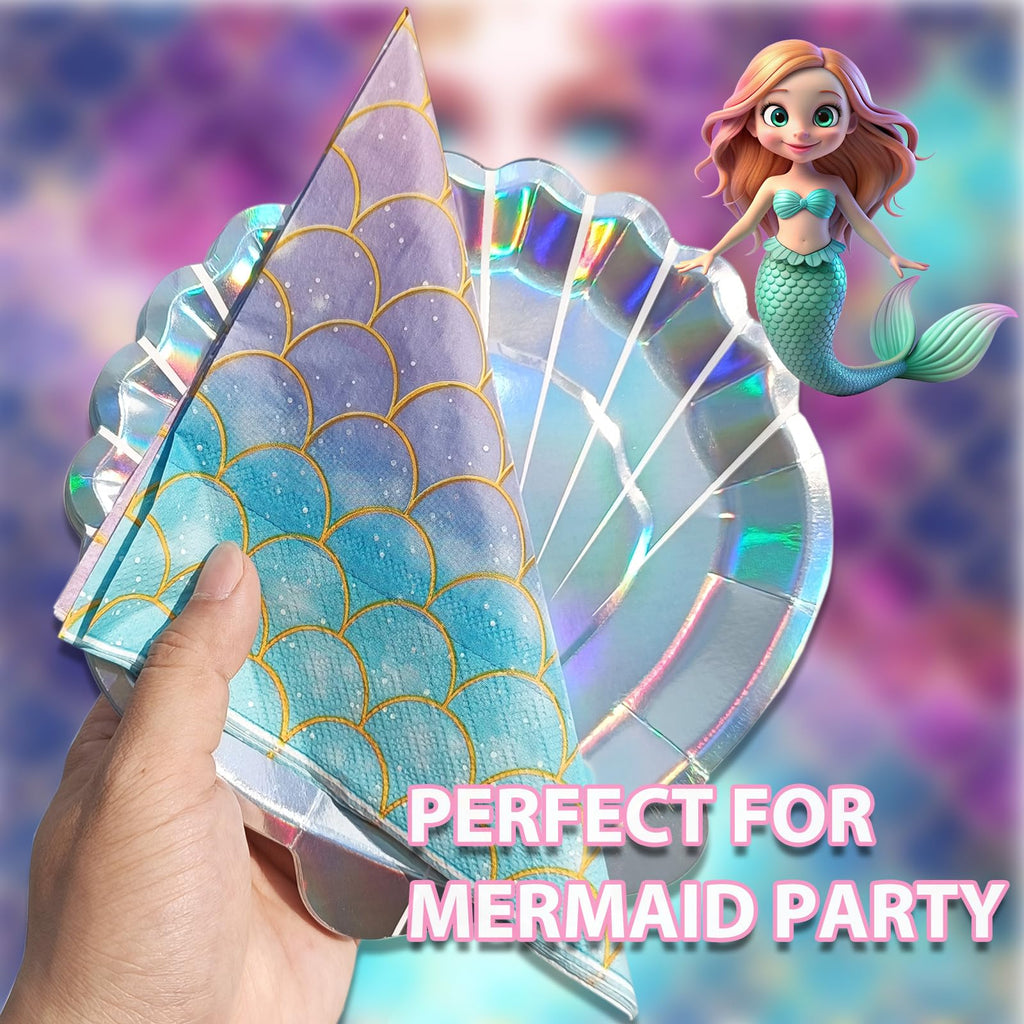 EaciTown 20 Pcs Mermaid Party Plates – Iridescent Shell Paper Plates for Mermaid-Themed Parties