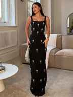 Black Two-piece Beaded Zipper Top & Skirt Set