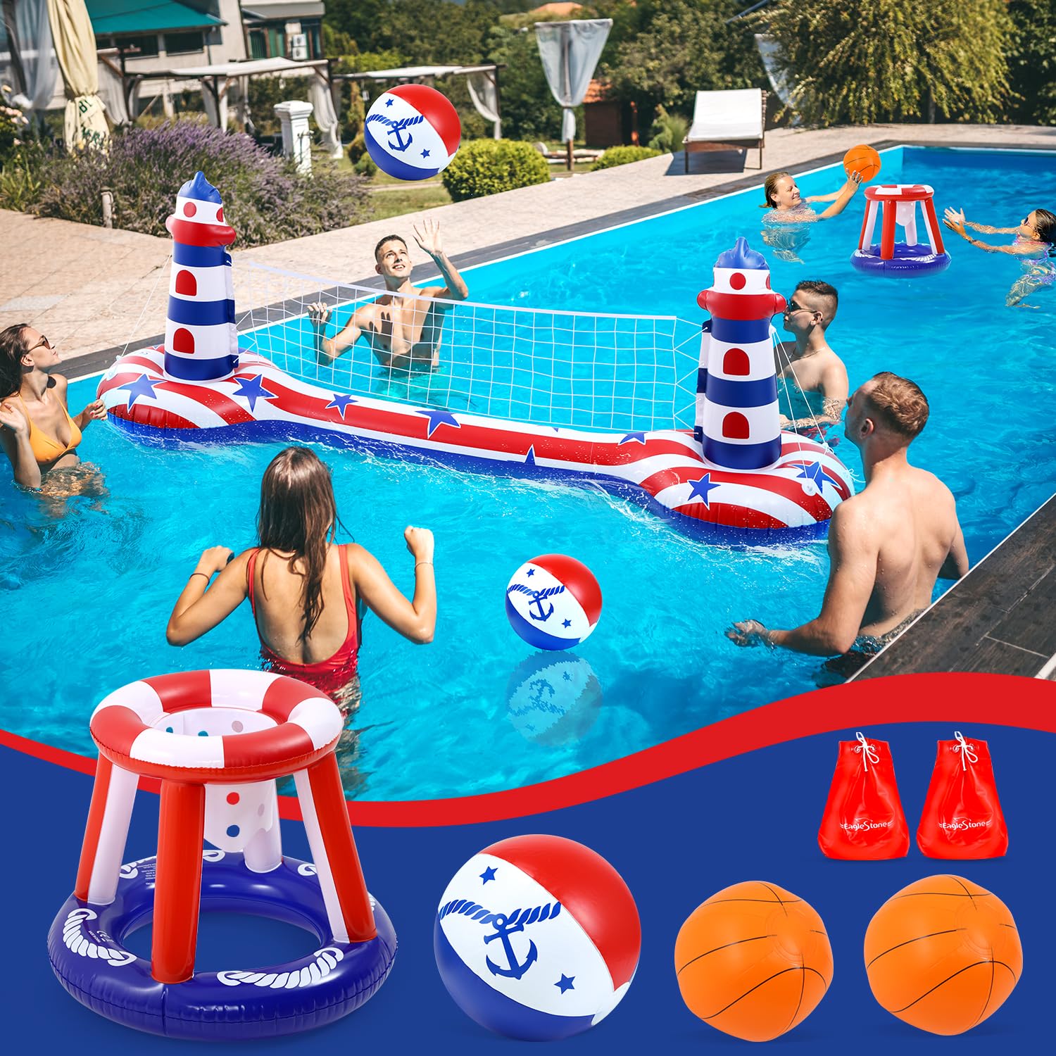 EagleStone Inflatable Pool Game Set – Volleyball Net & Basketball Hoop, Heavy-Duty PVC, Family Pool Party Essentials