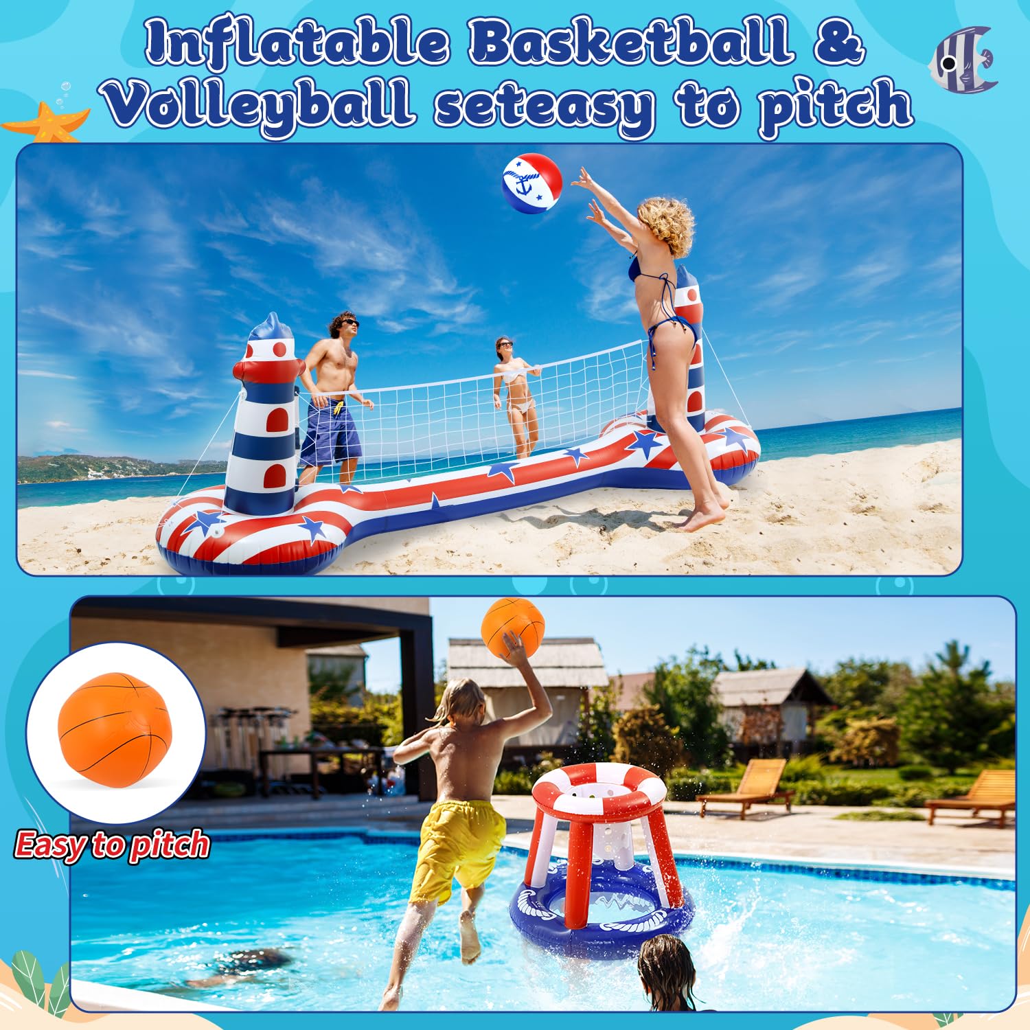 EagleStone Inflatable Pool Game Set – Volleyball Net & Basketball Hoop, Heavy-Duty PVC, Family Pool Party Essentials