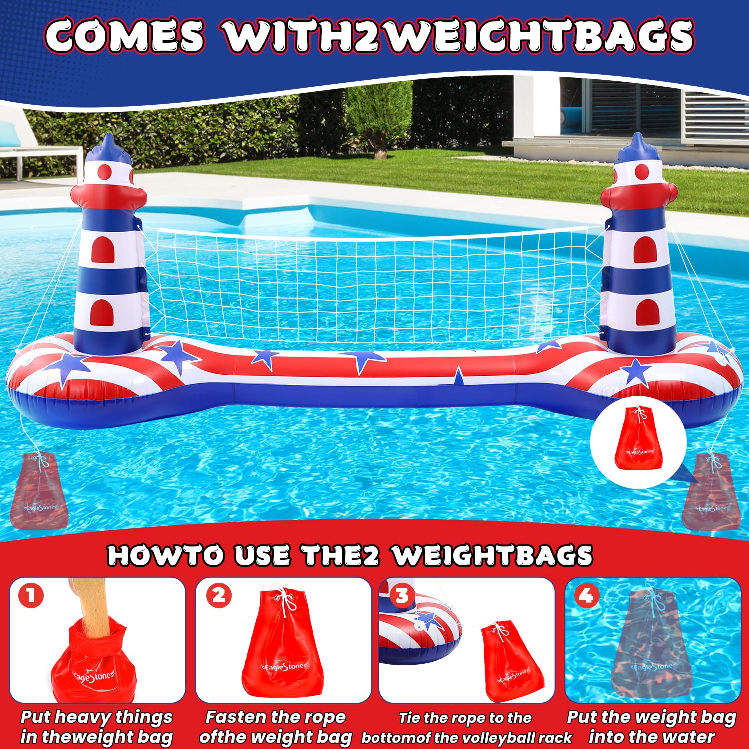 EagleStone Inflatable Pool Game Set – Volleyball Net & Basketball Hoop, Heavy-Duty PVC, Family Pool Party Essentials