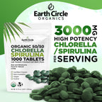 Earth Circle Organics Premium Organic Chlorella & Spirulina Tablets 1000 Count (50/50) – Cracked Cell Wall for Maximum Absorption | Vegan, Kosher Green Algae Superfood | Pack of 2