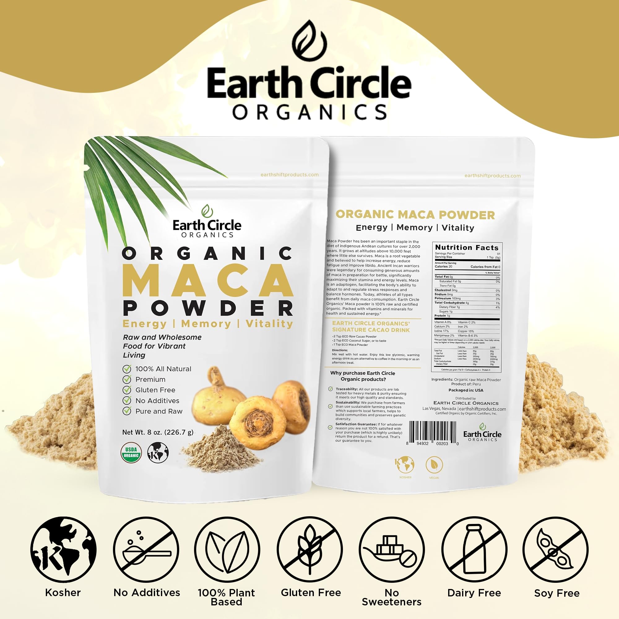 Earth Circle Organics Gelbes Maca-Wurzelpulver – Natürliches Superfood, Vegan, 227 g (2er-Pack)