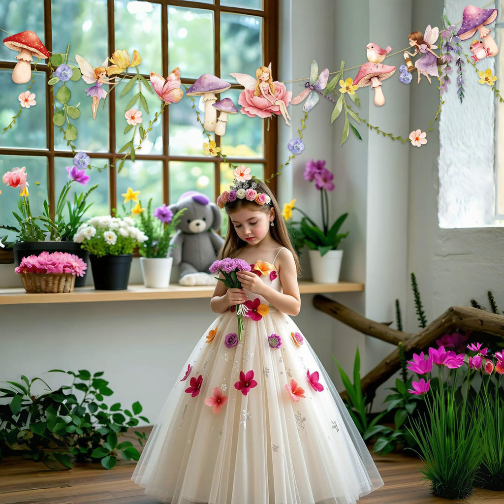 Easy Joy Fairy Mushroom Banner – Wildflower Paper Garland for Wall Decor | Boho Backdrop for Weddings, Baby Showers & Parties