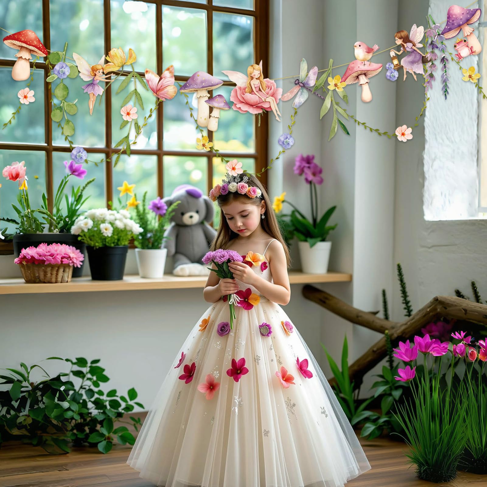 Easy Joy Fairy Mushroom Banner – Wildflower Paper Garland for Wall Decor | Boho Backdrop for Weddings, Baby Showers & Parties