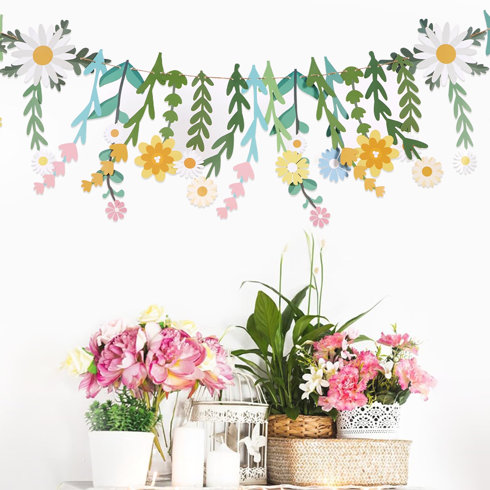 Easy Joy Daisy Flower Banner - Wildflower Paper Garland for Wall Decor and Boho Party Backdrops