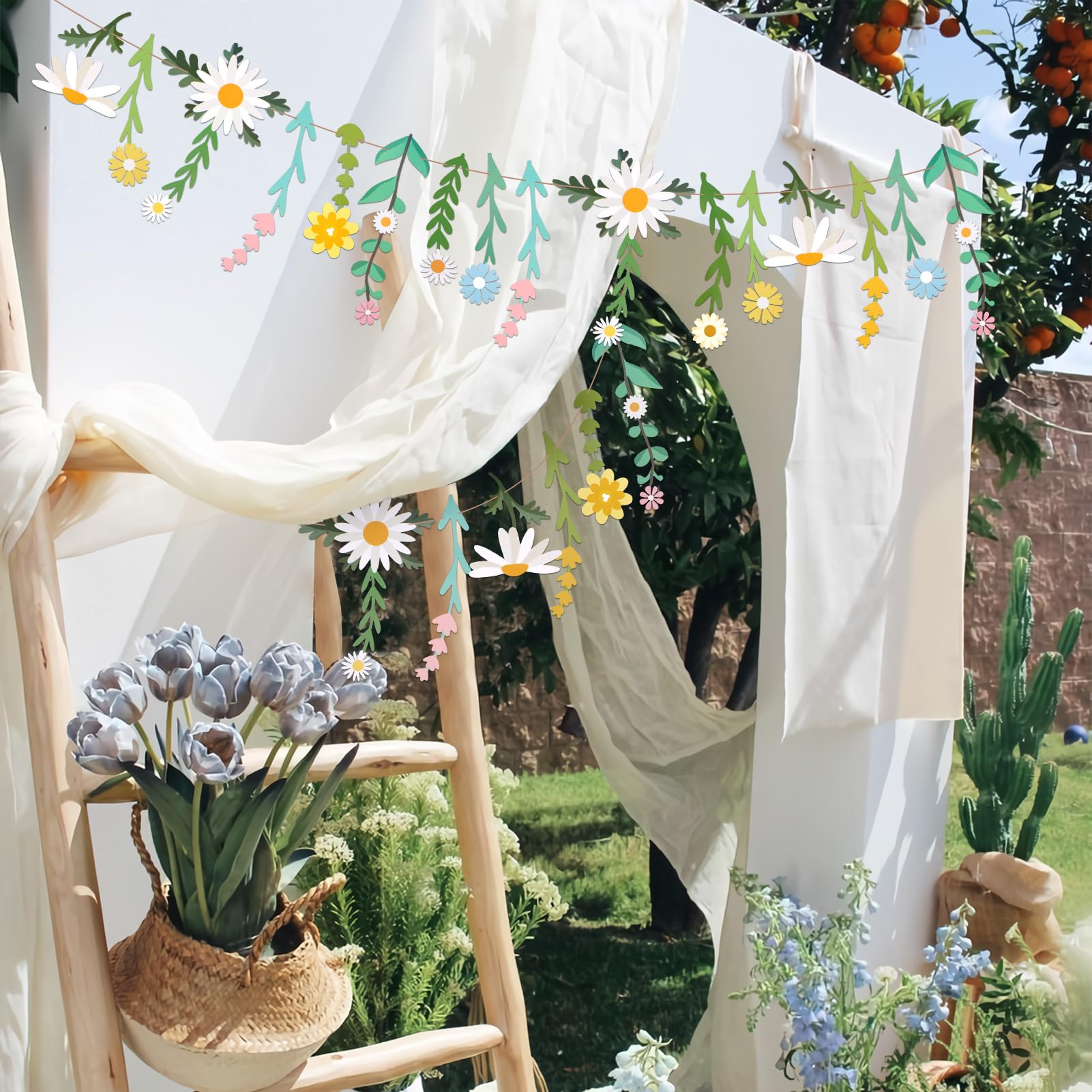 Easy Joy Daisy Flower Banner - Wildflower Paper Garland for Wall Decor and Boho Party Backdrops