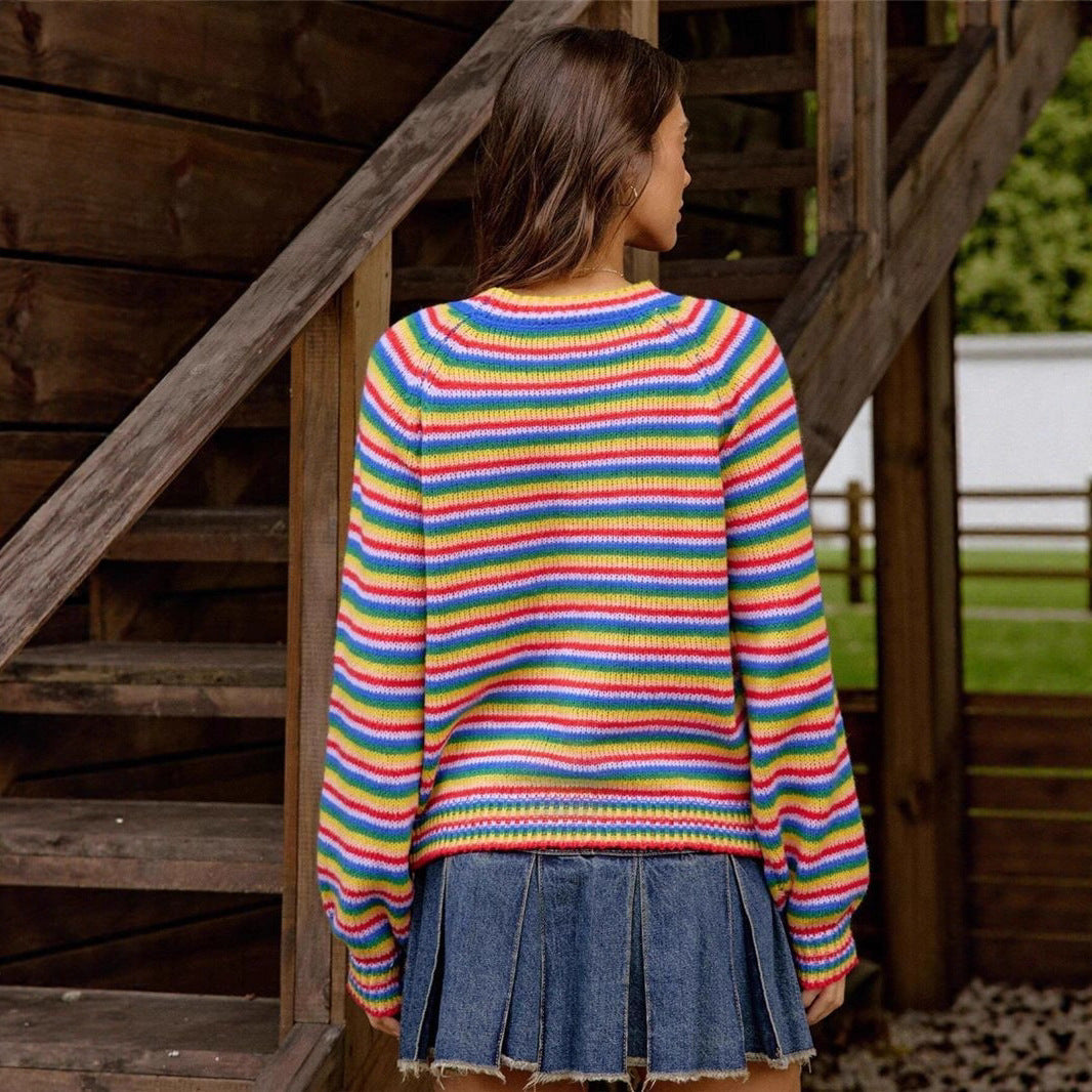 Rainbow-striped Knitted Vintage Crewneck Sweater