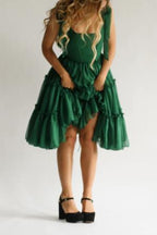 Square-neck Solid-color Wooden High-waist Flared Sleeveless Dress
