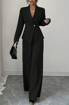 Solid-color Long-sleeve Straight-leg Pants Set For Women