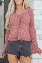Pink Floral Lace Bell Sleeve Square Neck Blouse Women UK
