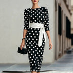 Retro Polka-dot Navy Blue Belted Waist-hugging Elegant Dress