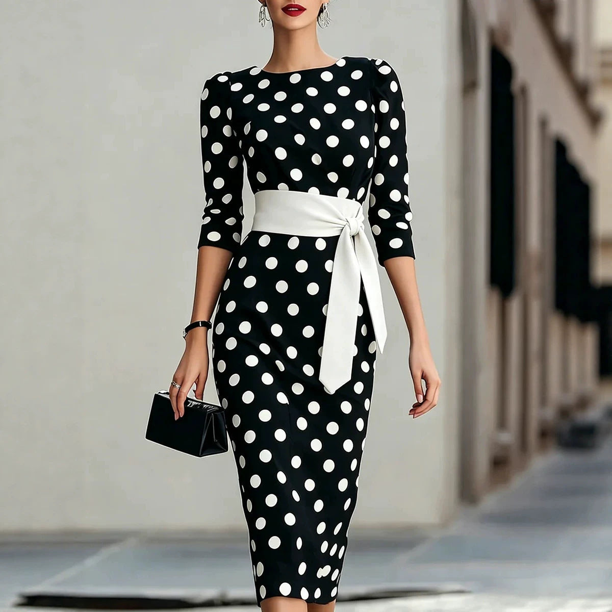 Retro Polka-dot Navy Blue Belted Waist-hugging Elegant Dress